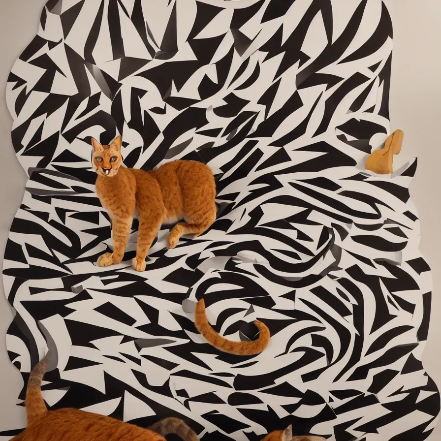 Prompt: beautiful gallery show studio photograph of a giant realistic curvy ceramic sculpture of a caracal cat!!!!!, glazed by bridget riley and victor vasarely, placed on a polished wooden table, colorful hyperrealism 8 k trending on artstation