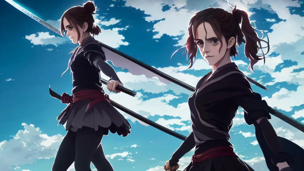 Image similar to a very detailed key visual of emma watson, demon slayer, ufotable, high quality, artgerm, greg rutkowski, high resolution, dynamic pose, landscape, medium portrait, samurai outfit, action, hyper realistic, anime, koyoharu gotouge, sakuga