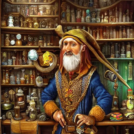 Prompt: Anthropomorphized parrot trader in his shop, shelves full, selling a gem, portrait, items, magic potions, carpet, window, intricate Renaissance hat, sly expression , cunning expression, cute expression, presenting magic gem, D&D, fantasy, cinematic lighting, highly detailed, digital painting, artstation, concept art, smooth, sharp focus, illustration, warm light, cozy warm tint, magic the gathering artwork, volumetric lighting, 8k, no gold, no gold colours, art by Akihiko Yoshida, Greg Rutkowski