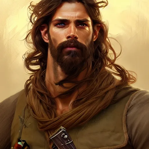 Image similar to Portrait of rugged male ranger, D&D, amber eyes, face, long hair, muscular, fantasy, intricate, elegant, highly detailed, digital painting, artstation, concept art, smooth, sharp focus, illustration, art by artgerm and greg rutkowski and alphonse mucha