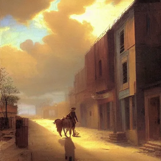 Prompt: oil painting of cowboy in dusty street in western town, storm clouds, sunrays, very very very very very beautiful bright art, american romanticism by goya, colorful masterpiece, realistic and detailed