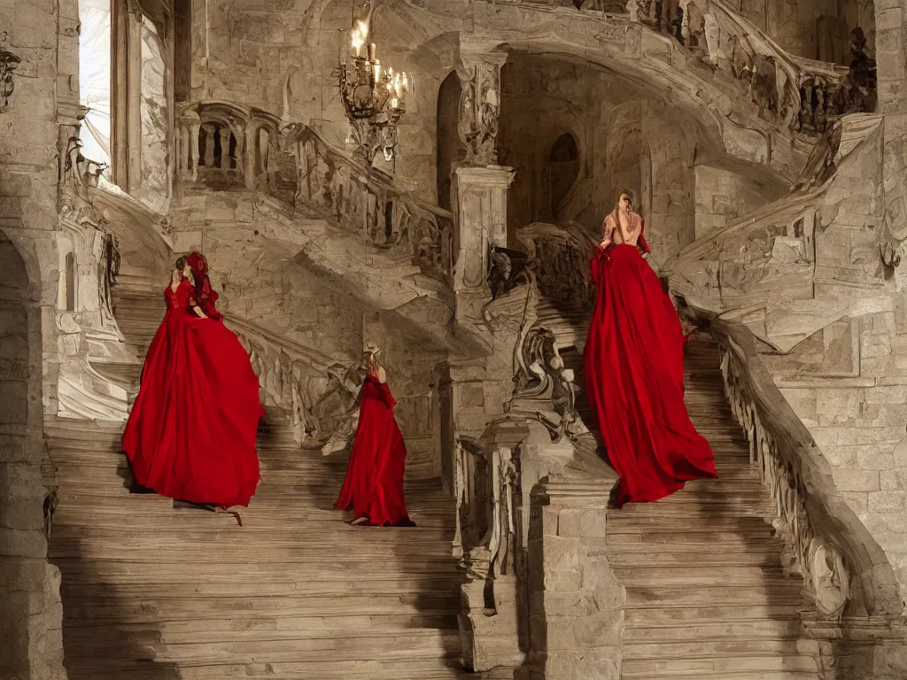 Image similar to An impressive castle entrance, a beautiful woman wearing a red dress, coming down the stairs, sided by two fierce Dobermans, art directed by Martin de Thurah and shot by Kasper Tuxen