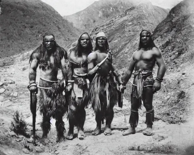 Image similar to group vintage photograph of a warrior orc tribe with a human explorer, highly detailed