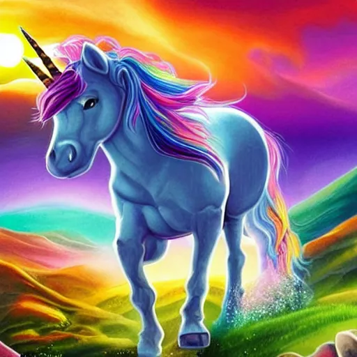 Prompt: ''A colorful unicorn on a beautiful fantasy landscape, hills, mountains, sunlight, HD, illustration, epic''