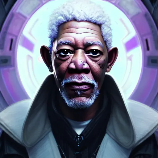 Image similar to portrait painting of a cyberpunk elven morgan freeman wearing a white and purple suit, ultra realistic, concept art, intricate details, eerie, highly detailed, photorealistic, octane render, 8 k, unreal engine. art by artgerm and greg rutkowski and charlie bowater and magali villeneuve and alphonse mucha