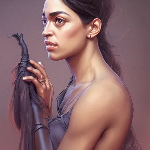 Image similar to ultra realistic illustration, alexandria ocasio - cortez, intricate, elegant, highly detailed, digital painting, artstation, concept art, smooth, sharp focus, illustration, art by artgerm and greg rutkowski and alphonse mucha