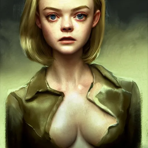 Image similar to professional painting of Elle Fanning in Fallout 3 in the style of Craig Mullins, head and shoulders portrait, symmetrical facial features, smooth, sharp focus, illustration, intricate, stormy weather, extremely detailed masterpiece,