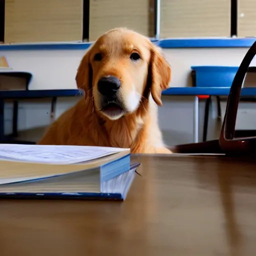 Prompt: newton the golden retriever doing advanced calculus in the classroom, realistic, early morning light