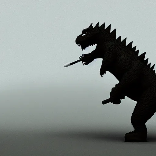 Prompt: anthropomorphic godzilla smoking cigarette, vray