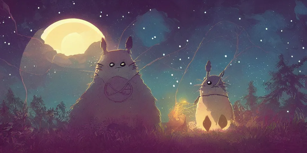 Prompt: glowing wireframe totoro, forest god of princess mononoke, mountain landscape, night sky, digital art, digital painting, celestial, majestic, colorful