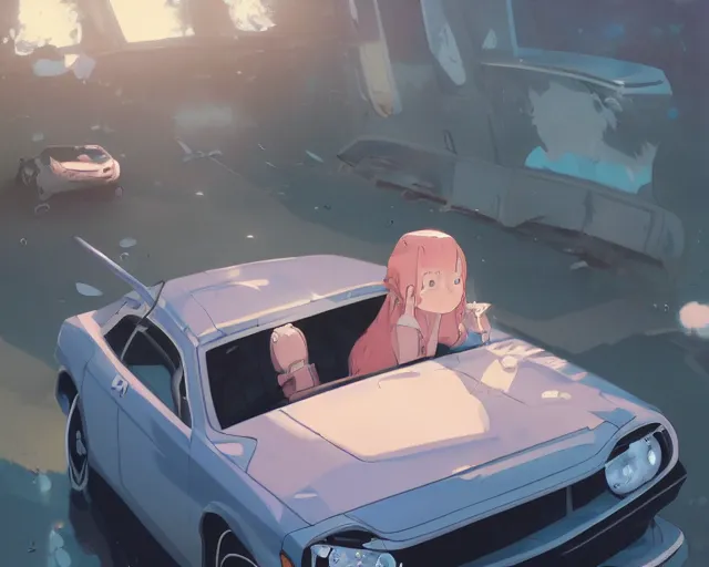 Image similar to a brunnete girl with blue eyes and puffy cheeks lying in a car accident, long shot from the top, anime art, Greg Rutkowski, studio ghibli, dramatic lighting