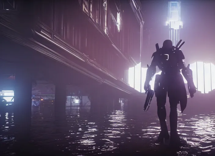 Prompt: 4k 60fps in-game Destiny 2 gameplay showcase, dark, misty, foggy, flooded, rainy manhattan street in Destiny 2, liminal, dark, dystopian, large creatures in distance, abandoned, highly detailed