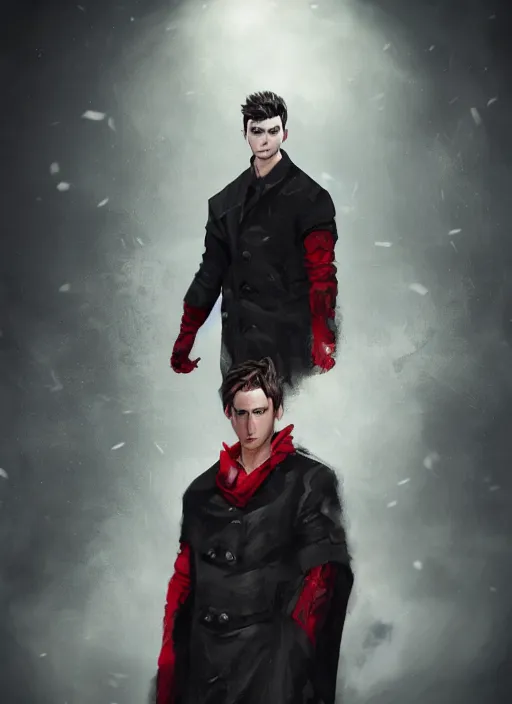 Image similar to An epic fantasy comic book style portrait painting of a young man with black cowlick haircut, wearing black overcoat, red clothes, blue jeans. Unreal 5, DAZ, hyperrealistic, octane render, cosplay, RPG portrait, dynamic lighting