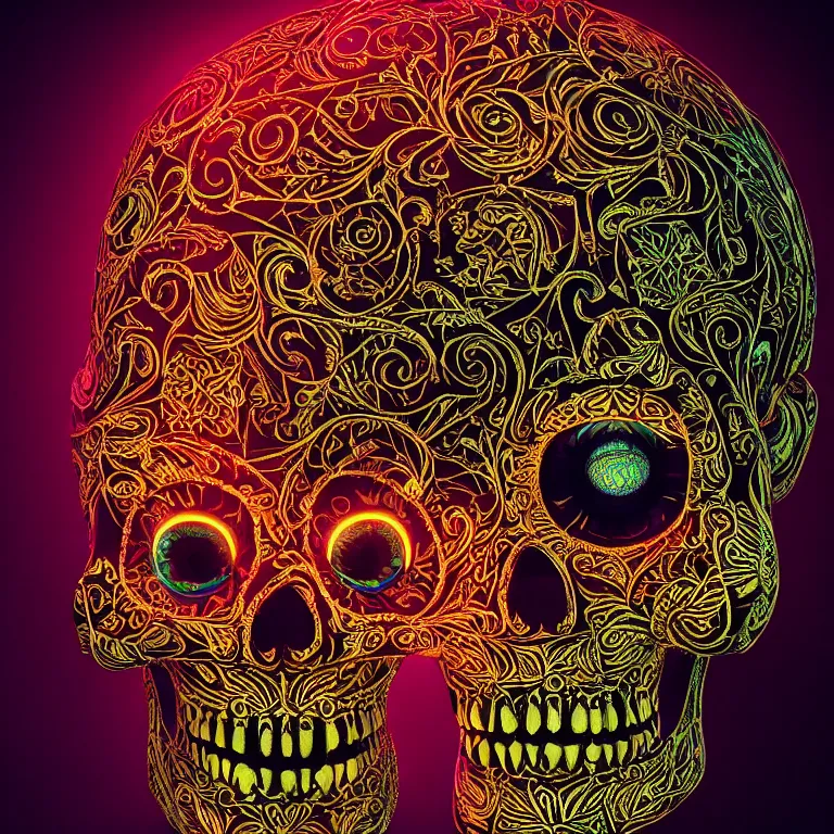 Image similar to a highly detailed photographic render of intricately carved sugar skull, psychedelic, black background, neon light, intricate ornament, gilding, horror, dark fantasy, beautifully lit, ray traced, octane 3D render in the style of Gerald Brom and James Gurney