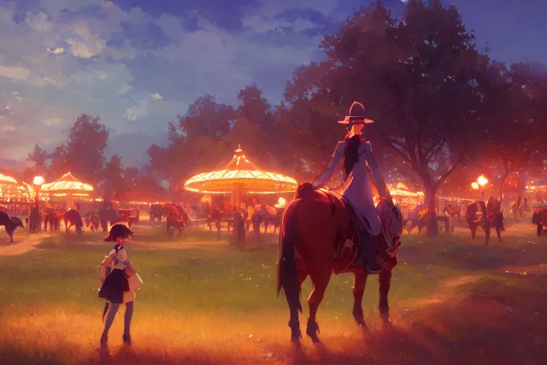 Image similar to le manege enchante, scene in an open field. key visual, conceptart, ambient lighting, highly detailed, digital painting, artstation, concept art, sharp focus, by makoto shinkai and akihiko yoshida and greg manchess