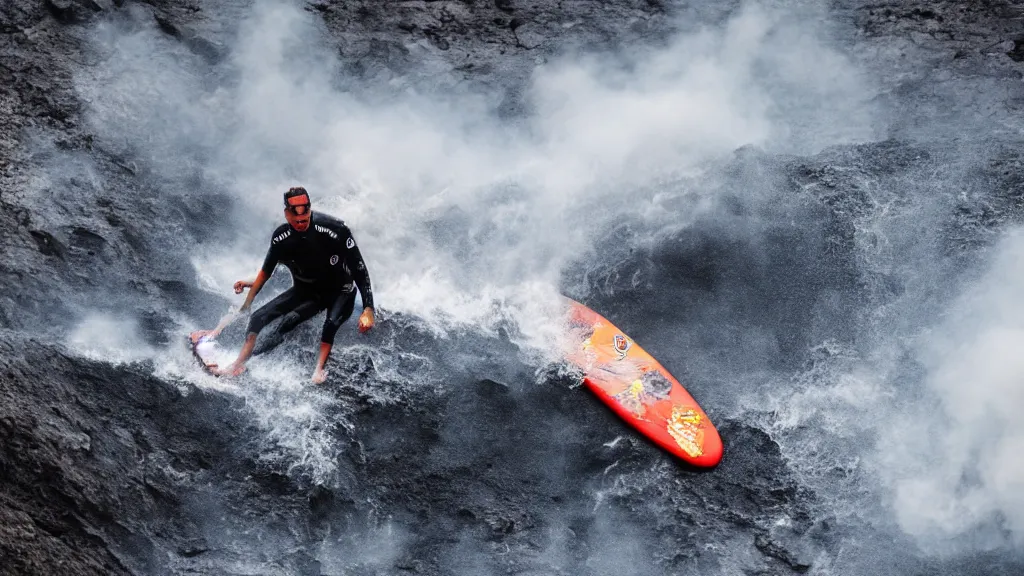 Image similar to person wearing a sponsored team jersey with logos surfing down a river of lava on the side of a volcano on surfboard, action shot, dystopian, thick black smoke and fire, sharp focus