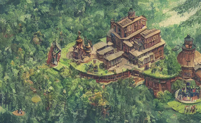 Image similar to a magic school hidden in the mountains surrounded by forests and a lake to it's back, an observatory with a huge telescope, a greenhouse with lush flora, students walking and flying on brooms, artstation, gouache, high detail, stylized