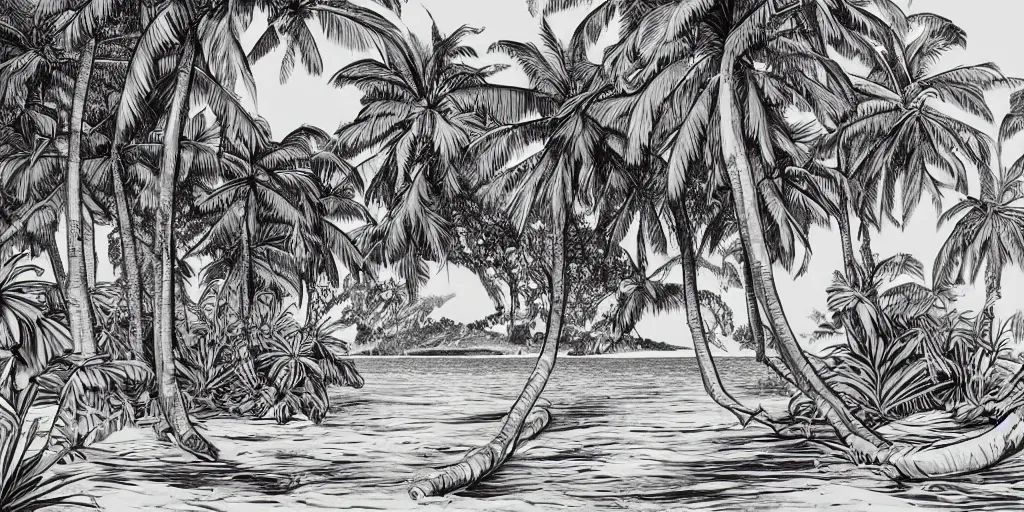 Image similar to tropical island, 8 k, high resolution, detailed charcoal drawing, beautiful hd, art nouveau, concept art, colourful artwork, in the style of konrad cramer