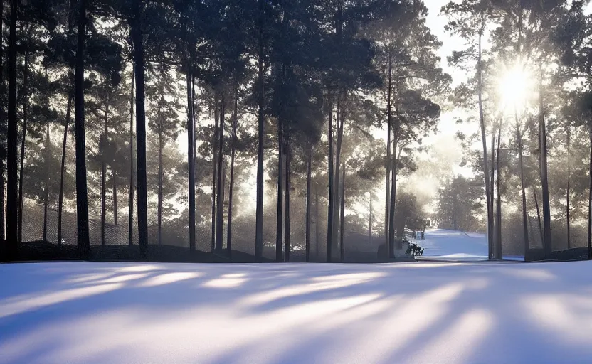 Prompt: augusta national, the masters, nr. 1 2, middle of the winter, completely covered in snow, beautiful ambient light, stunning photography, fog, light rays