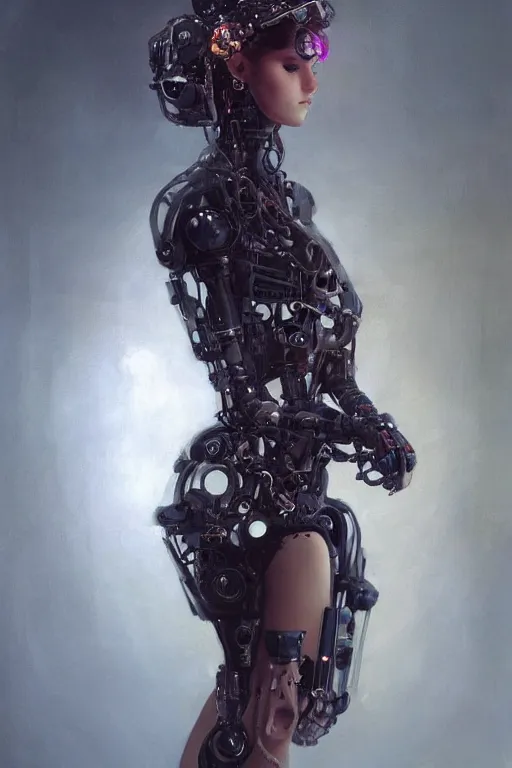 Image similar to sitting beautiful painting of a crowned robotic cyberpunk ballerina in a gothic dark flowing tutu intricate, elegant, highly detailed, digital painting, artstation, concept art, by krenz cushart and artem demura and william adolph bouguereau