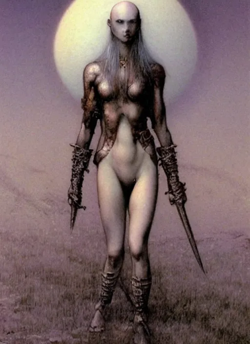 Image similar to bald barbarian teen girl by Beksinski and Luis Royo