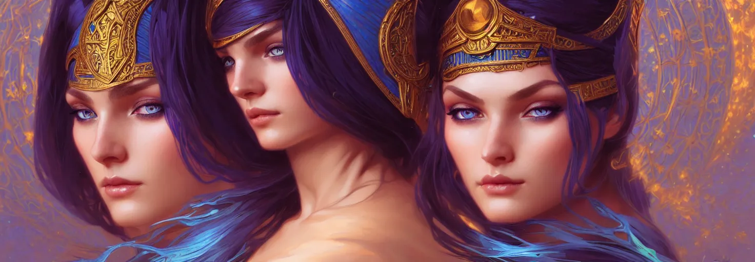 Prompt: fantasy magic woman portrait, blue eyes, face, cleopatra hair, astral, intricate, elegant, highly detailed, digital painting, artstation, concept art, smooth, sharp focus, illustration, art by artgerm and greg rutkowski and alphonse mucha