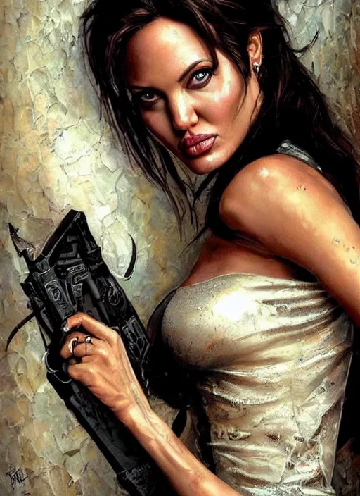 Prompt: Angelina Jolie (Lara Croft / Tomb Raider) is a bride, wedding portrait by Karol Bak
