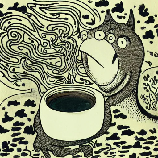 Image similar to highly detailed illustration of a monster smiling like crazy and dancing holding a beautiful steaming cup of coffee, style of Japanese illustration, Maurice Sendak, Tove Jansson