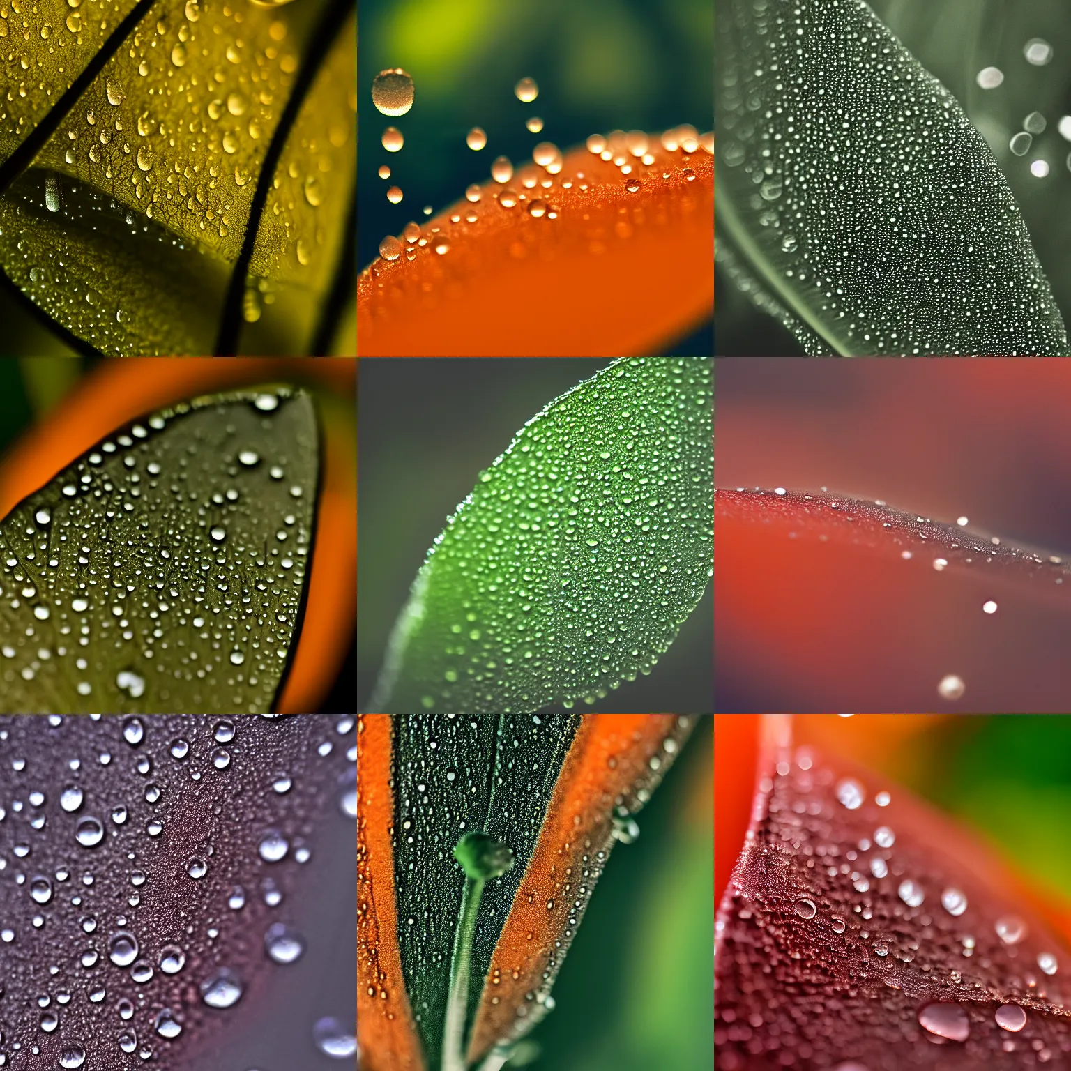 Prompt: macro shot photography of dew drops on a dark plant with a blurred depth of field orange background light