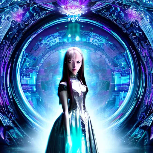 Image similar to A still of an ethereal, mysterious stunning maximalist mesmerizing elven girl from the rainbow sky paradise in Tron: Legacy (2010), high-tech, elegant, imposing, Victorian gothic lolita fashion, by Mark Ryden, artgerm, Hiroyuki-Mitsume Takahashi, WLOP, Goto Fujita, 奈良美智, Pixiv 3DCG, DAZ Studio, highly detailed, photorealistic, 8k resolution 3D, cinematic, dynamic lighting, octane render