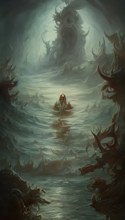 Image similar to man on boat crossing a body of water in hell with creatures in the water, sea of souls, by peter mohrbacher