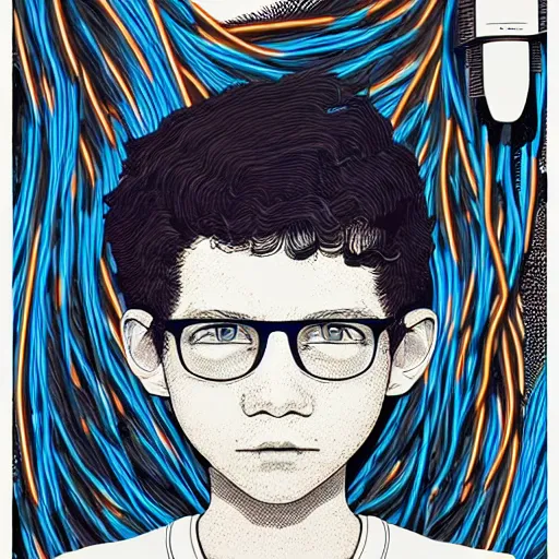 Prompt: illustration of a boy connected to his laptop with hundreds of wires, highly detailed, by butcher billy, cgsociety, mcbess, rutkowski, james jean, 8 k, photorealistic