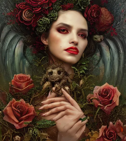 Prompt: portrait of the beautiful supreme queen of the blood cult, full body, surrounded by skulls and overgrowth and dark flowers by karol bak, James Jean, tom bagshaw, rococo, trending on artstation, cinematic lighting, hyper realism, octane render, 8k, hyper detailed.