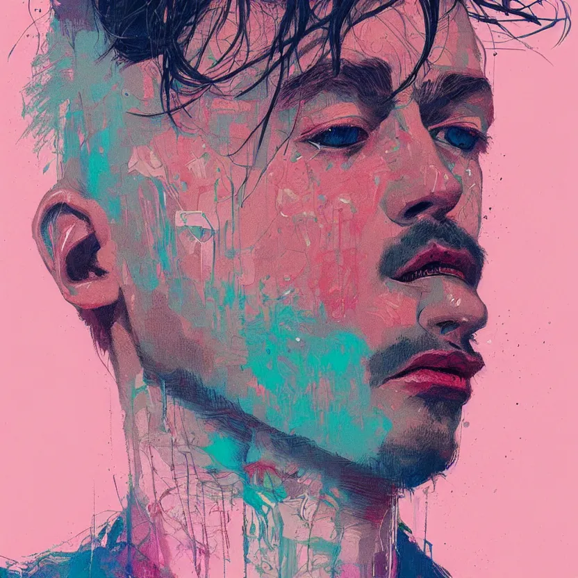 Prompt: close up portrait painting of a male musician in nineties street styling, concept art, intricate details, aesthetically pleasing pastel colors, art by conrad roset, impressionism, portrait
