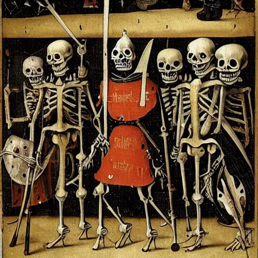 Image similar to skeleton knights painted by hieronymous bosch