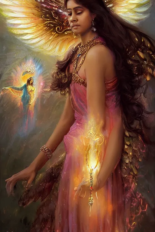 Image similar to Sri lankan girl as a winged angel covered in eyes with glowing halo, iridescent, seraphim, fantasy, intricate, elegant, highly detailed, digital painting, smooth, sharp focus, illustration,art by Daniel F. Gerhartz
