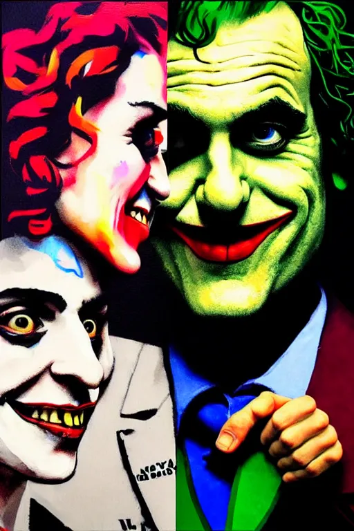 Image similar to ilya yefimovich repin and mimmo rottela and banksy as joaquin phoenix skinny joker, holding hand, lady gaga harley queen, ultra photorealistic, intricate details, pop art style, concept art, confident posse, random object details, 3 colours, warm color, 4 k, ultra smooth, sharp focus