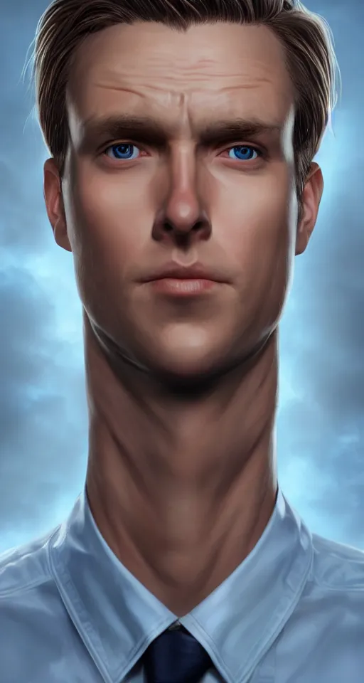 Image similar to portrait of tall, tired 3 3 - year - old handsome man with short darkblonde hair, blue eyes, wearing science fiction uniform, hyper realistic face, beautiful eyes, character art, art by mark brooks, hyperdetailed, cryengine, trending on artstation, digital art