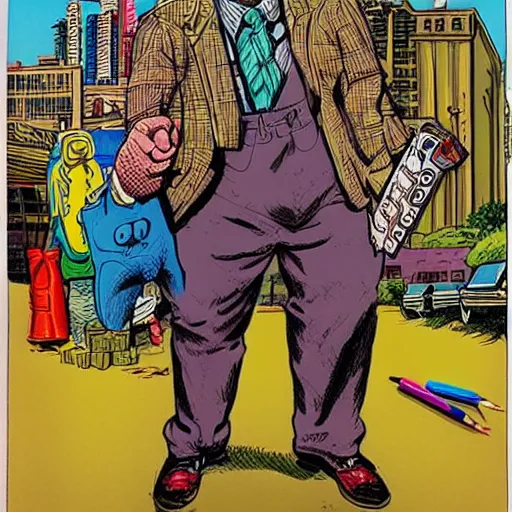 Prompt: The Artwork of R. Crumb and his Cheap Suit Rockers, pencil and colored marker artwork, trailer-trash lifestyle