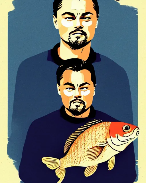 Image similar to painting portrait of leonardo dicaprio and a carp, cartoon, warm lighting, leonardo dicaprio has a carp. leonardo dicaprio and a carp fish. movie poster, illustration by bartek fedyczak, erak note, tooth wu, neil richards, kan liu, siwoo kim, jisu choe, trending on art station