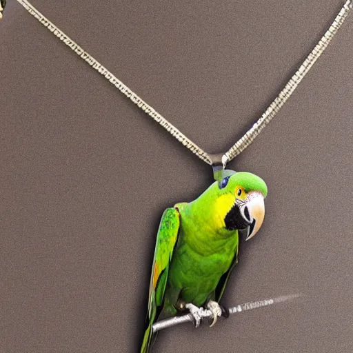 Image similar to a photo of a green parrot with a chain necklace around it's neck, the parrot is wearing the chain necklace around his neck, ultra high detail, 8 k.