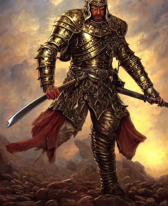 Image similar to strong warrior with legendary sword, fantasy, man, gilded shiny armour, highly detailed, contrast, digital painting, artstation, concept art, wallpaper, smooth, sharp focus, illustration, illumination, raytracting, art by larry elmore, jeff easley, clyde waldwell, keith parkinson, daniel r horne