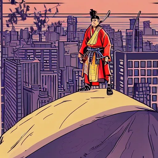 Prompt: A comic book art style image of a samurai on top of a building in new york.