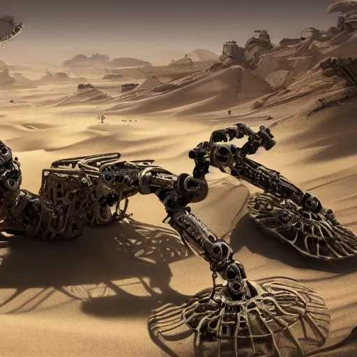 Prompt: painting of a sand landscape, futuristic, buried wreckage of biomechanical robots, oasis, 4 k. cinematic. epic.