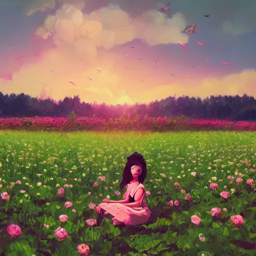 Image similar to giant rose flower head, full body girl sitting in a flower field, surreal photography, sunrise, dramatic light, impressionist painting, colorful clouds, digital painting, artstation, simon stalenhag