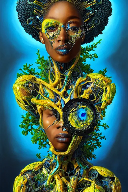 Image similar to hyperrealistic deconstructed super expressive! black woman with exoskeleton armor, merging with tree in a forest, highly detailed digital painting masterpiece smooth cam de leon hannah yata dramatic pearlescent blue yellow light ground angle hd 8k sharp focus