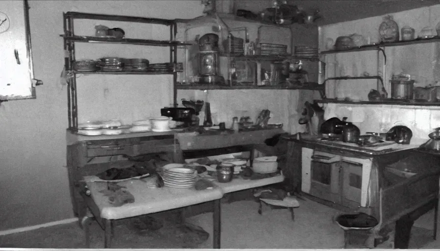 Image similar to a snake in a stalinist style kitchen, by mini dv camera, very very low quality, heavy grain, very blurry, accidental flash, webcam footage, found footage, security cam, caught on trail cam