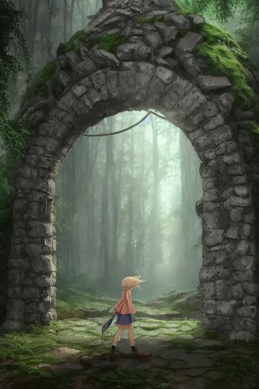 Image similar to a highly detailed matte painting of a teenager with shaggy hair and hip clothes standing in front of a stone gate in the elven forest ruins, by studio ghibli, by artgerm, by wlop, by greg rutkowski, detailed face, perfect eyes, volumetric lighting, octane render, 4 k resolution, trending on artstation, masterpiece