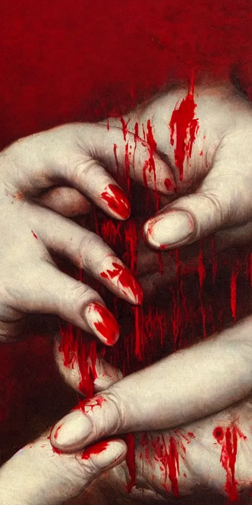 Prompt: by 1 9 th century famous painter, hands, nail polish, blood smear, blood dripping, horror, knife, realism, realistic, oil painting, red wallpaper background