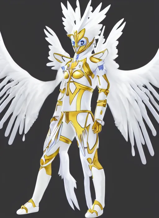 Prompt: Angemon, the angelic Digimon. Tall blond muscular humanoid with six feathery wings, white bodysuit with metal accents, blue loincloth and sash, and helmet covering eyes.